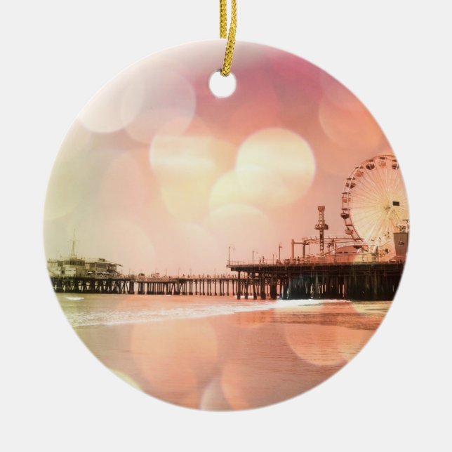 Santa Monica Pier - Sparkling Pink Photo Edit Ceramic Ornament (Front)