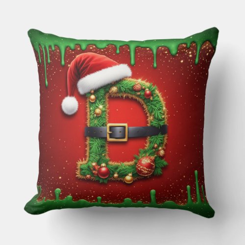 Santa Monogram D With Christmas Wreath Style 🎁 Throw Pillow