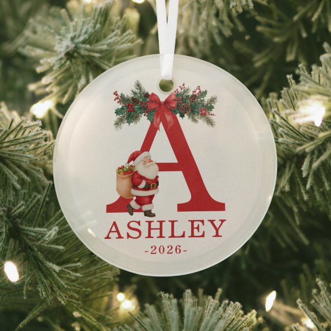 Santa Monogrammed and Name Family Matching Glass Ornament (Insitu)