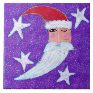 Santa Moon Abstract Christmas Art Ceramic Tile