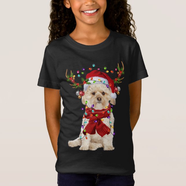 Santa Morkie Dog Reindeer Christmas Lights T-Shirt (Front)