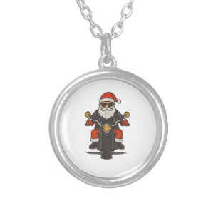 Santa Motorcycle Christmas Vintage Funny Biker Silver Plated Necklace
