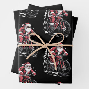 Santa Mountain Bike Riding Christmas Trees Xmas Wrapping Paper Sheets