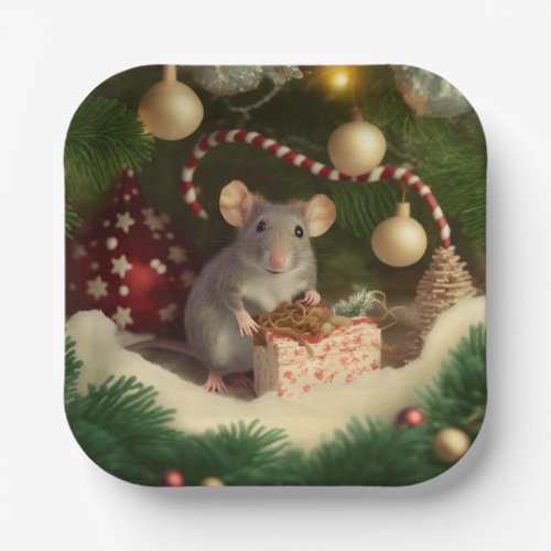 Santa Mouse preparing gifts Paper Plates