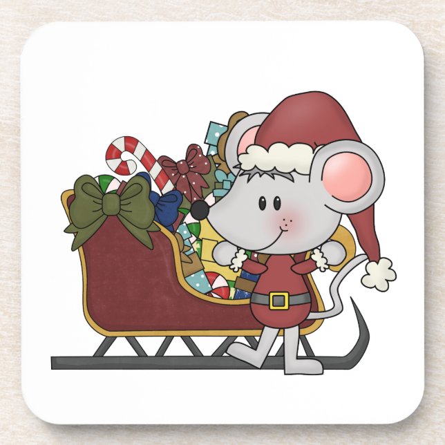 Santa Mouse With Sled Drink Coaster (Front)