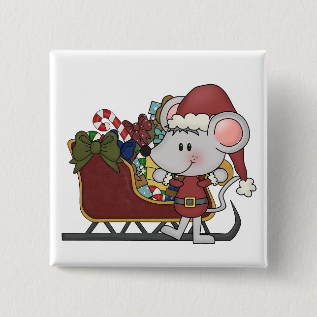 Santa Mouse With Sled Pinback Button (Front)