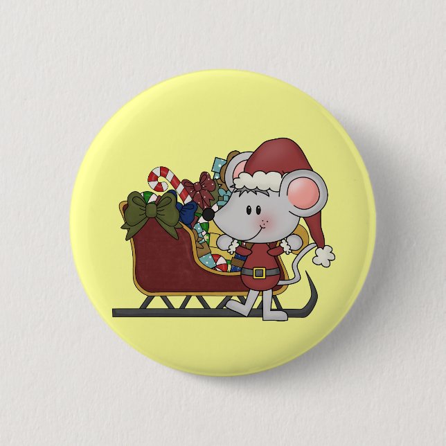 Santa Mouse With Sled Pinback Button (Front)