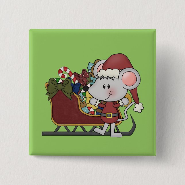 Santa Mouse With Sled Pinback Button (Front)