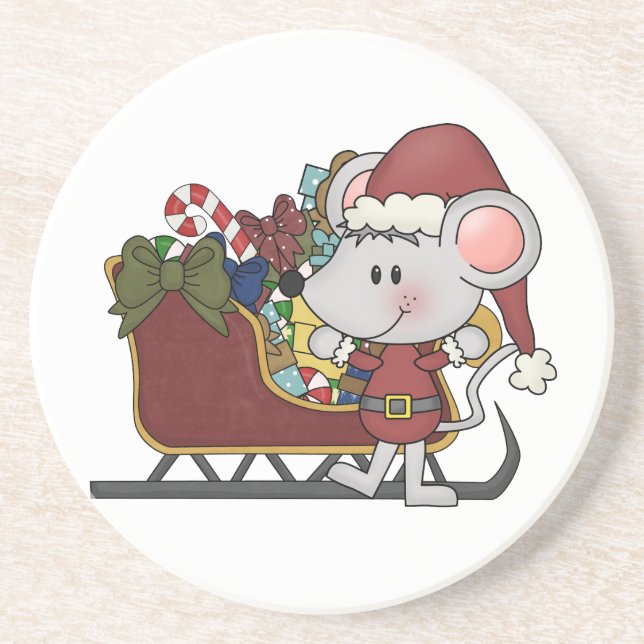 Santa Mouse With Sled Sandstone Coaster (Front)
