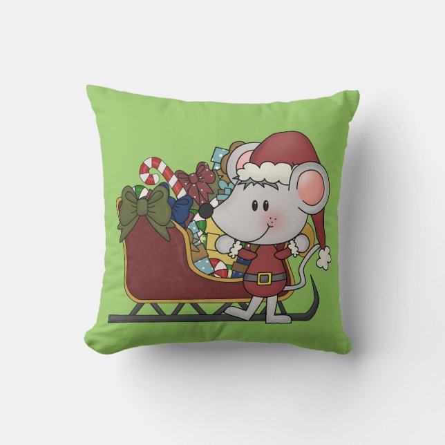 Santa Mouse With Sled Throw Pillow (Front)