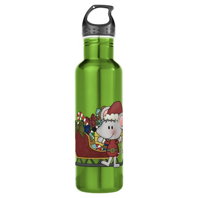 Santa Mouse With Sled Water Bottle (Front)