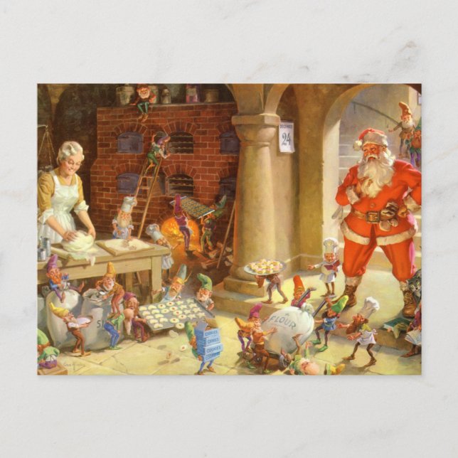 Santa, Mrs. Claus & Elves Bake Christmas Cookies Holiday Postcard (Front)