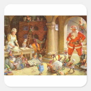 Santa, Mrs. Claus & Elves Bake Christmas Cookies Square Sticker