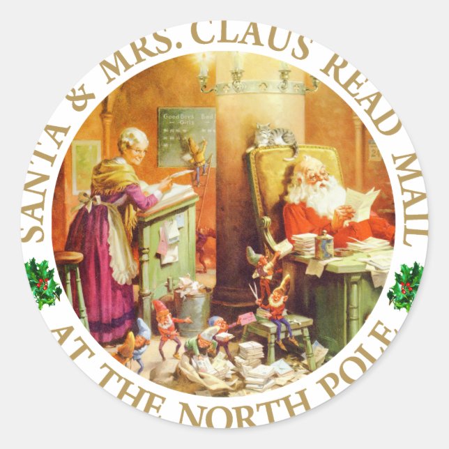 Santa & Mrs. Claus Read Mail at the North Pole Classic Round Sticker (Front)