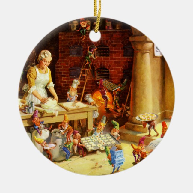 Santa & Mrs. Claus & the Elves Bake Cookies Ceramic Ornament (Front)