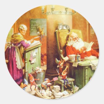 Santa & Mrs. Claus & The Elves Check His List Classic Round Sticker by Santa_Claus_Shop at Zazzle