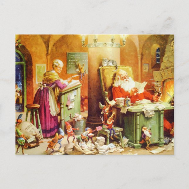 Santa & Mrs. Claus & the Elves Check His List Holiday Postcard (Front)