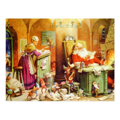 Santa & Mrs. Claus & the Elves Check His List Postcard | Zazzle