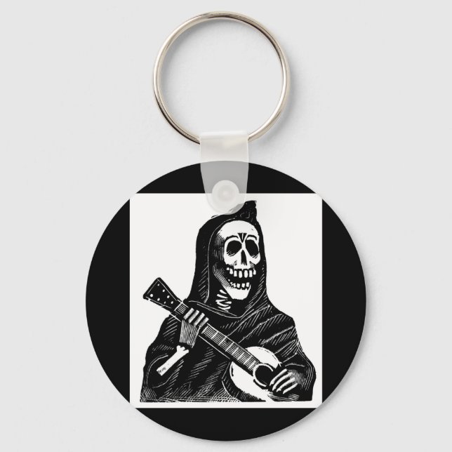 Santa Muerte (Mexican Grim Reaper) Playing Guitar Keychain (Front)