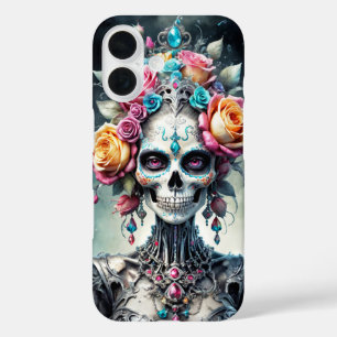 Santa Muerte skull with colorful flowers cover