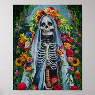 Santa Muerte with Colorful Flowers Poster