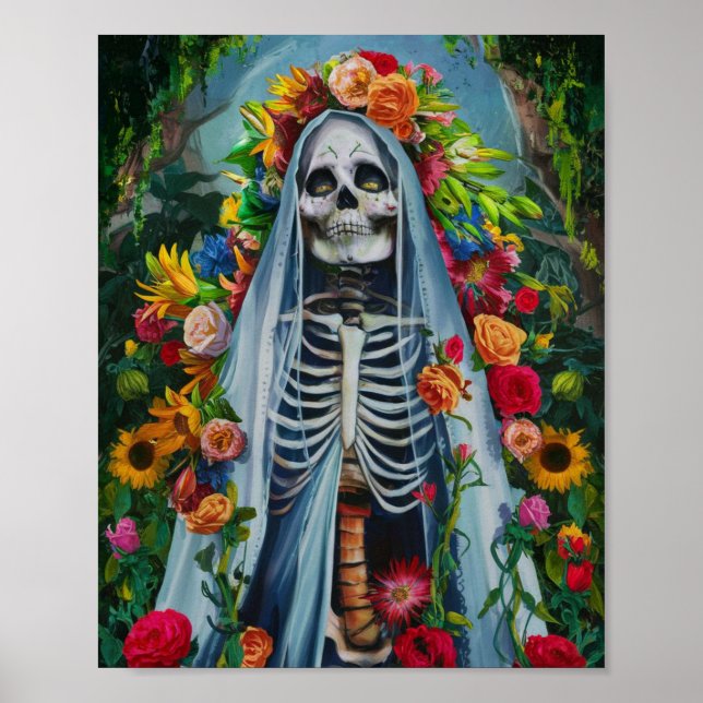 Santa Muerte with Colorful Flowers Poster (Front)