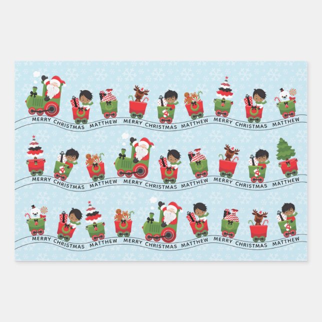 Santa & Multicultural Boy on Train Wrapping Paper Sheets (Front 3)