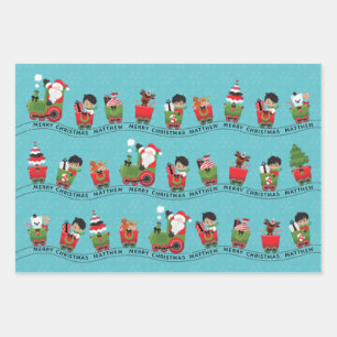 Santa & Multicultural Boy on Train Wrapping Paper Sheets