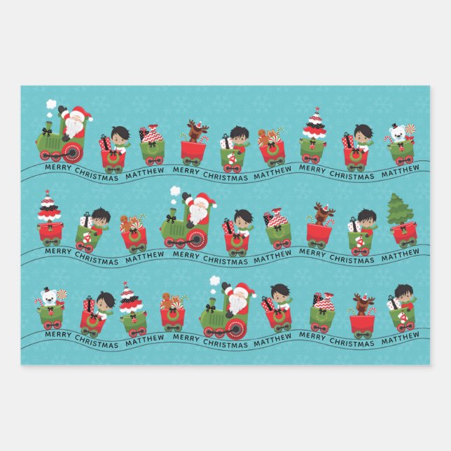 Santa & Multicultural Boy on Train Wrapping Paper Sheets (Front)