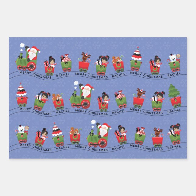 Santa & Multicultural Girl on Train Wrapping Paper Sheets (Front 2)