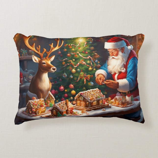 Santa N Reindeer make gingerbread house Christmas Accent Pillow (Front)