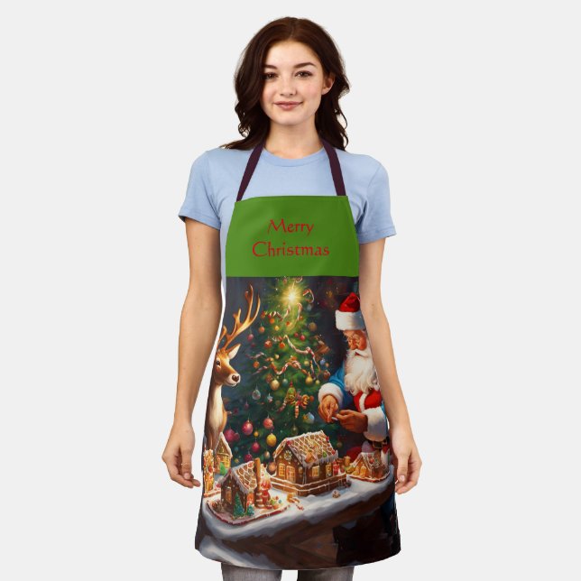 Santa N Reindeer Make Gingerbread House Christmas Apron (Worn)