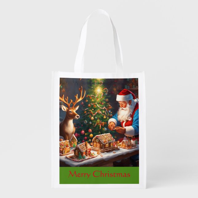 Santa N Reindeer make gingerbread house Christmas Grocery Bag (Front)