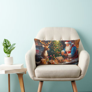 Santa N Reindeer make gingerbread house Christmas Lumbar Pillow