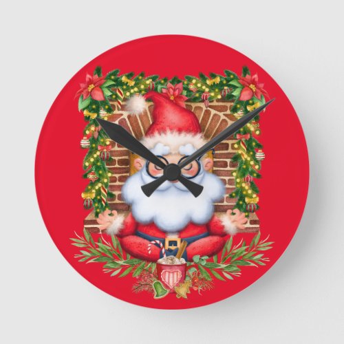 Santa Namaste Yoga Pose Christmas Red Round Clock