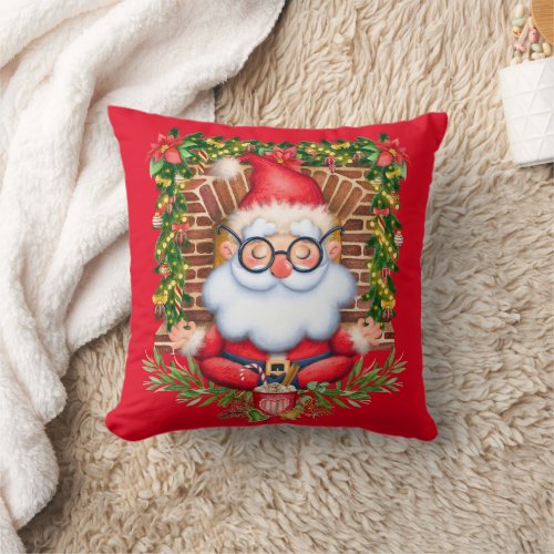 Santa Namaste Yoga Pose Christmas Red Throw Pillow