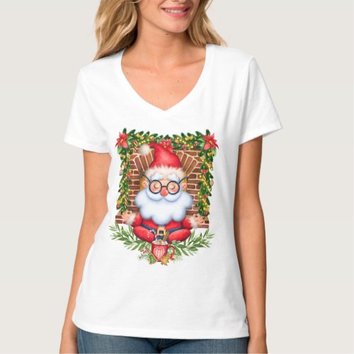 Santa Namaste Yoga Pose Christmas V_Neck Ladies T_Shirt