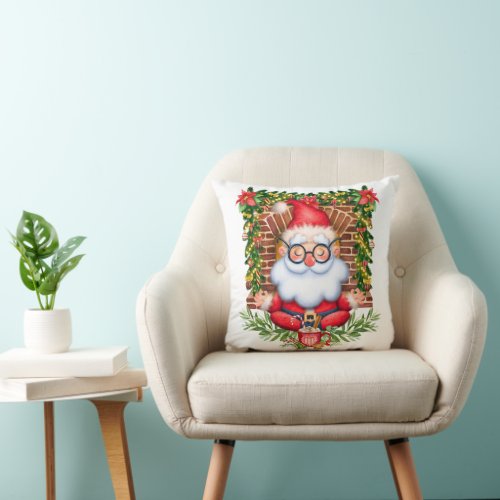 Santa Namaste Yoga Pose Christmas White Throw Pillow