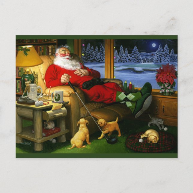Santa napping after golf on a post card (Front)