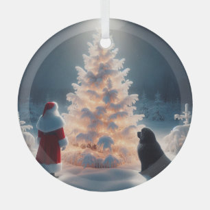 Santa, Newf and Glowing Tree Christmas  Glass Ornament
