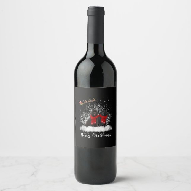 Santa Newfoundland Couple Merry Christmas Dog Gift Wine Label (Front)