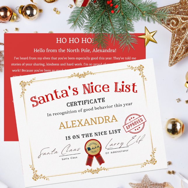 Santa Nice List Custom Name Christmas Certificate Holiday Card (This custom Santa's Nice List Certificate & note will be a magical addition to any child's holiday!)