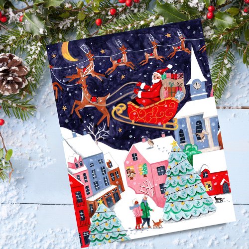 Santa Night before Christmas Nordic Village Holiday Postcard