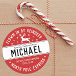 Santa North Pole Express Reindeer Christmas Classic Round Sticker<br><div class="desc">A fun Santa's Workshop Christmas sticker from the North Pole for packaging your kids Christmas gifts. Sticker features the words,  Flown in by Reindeer and North Pole Express. Personalize it with your child's name for their Christmas gifts. Designed for you by Blackberry Boulevard.</div>