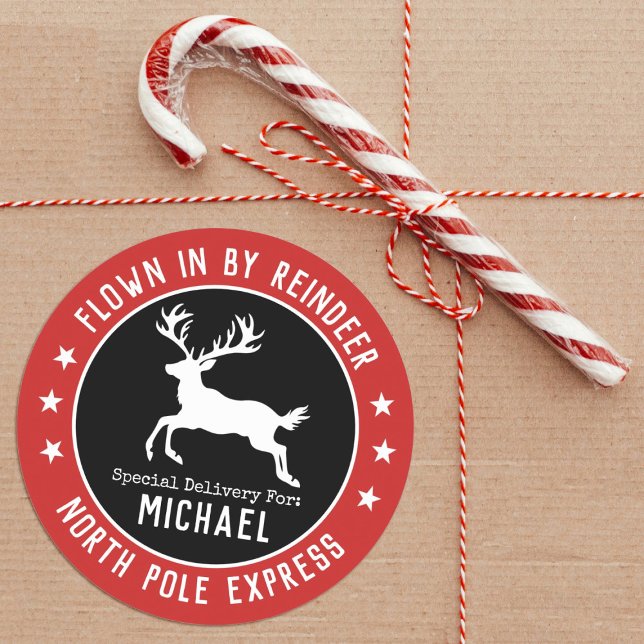 Santa North Pole Reindeer Christmas Sticker (A  reindeer Christmas sticker, with the words, Flown in by Reindeer, cute for your Christmas gifts.)