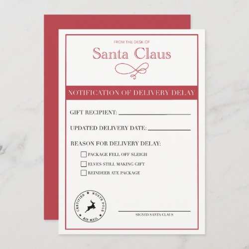 Santa Notification Of Delivery Delay Blank Holiday Card