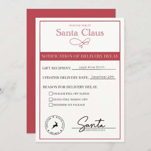 Santa Notification Of Delivery Delay Editable Holiday Card
