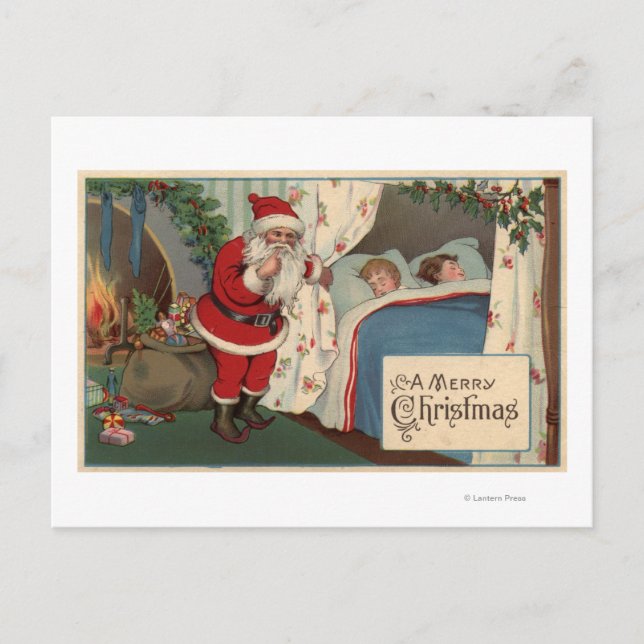 Santa Observing Sleeping Children Holiday Postcard (Front)