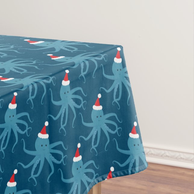 Santa Octopus Blue Christmas Tablecloth (In Situ)