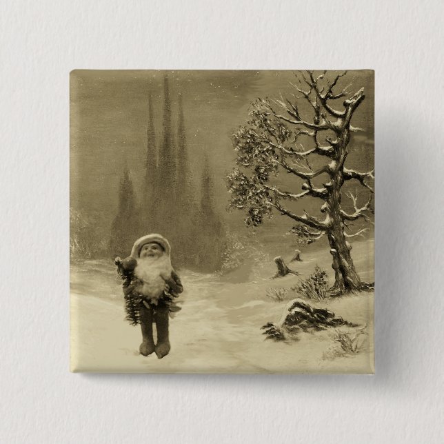 SANTA OF THE GNOMES Funny Christmas Sepia Brown Pinback Button (Front)